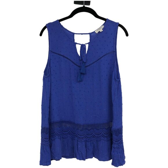Umgee royal blue textured dot detail flowy ruffle tank top crochet hem SP - Picture 1 of 14